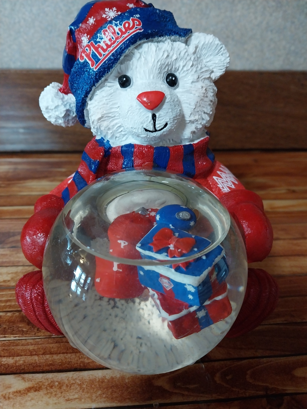 MLB Phillies Red and Blue Bear Snow Globe Holiday Decor